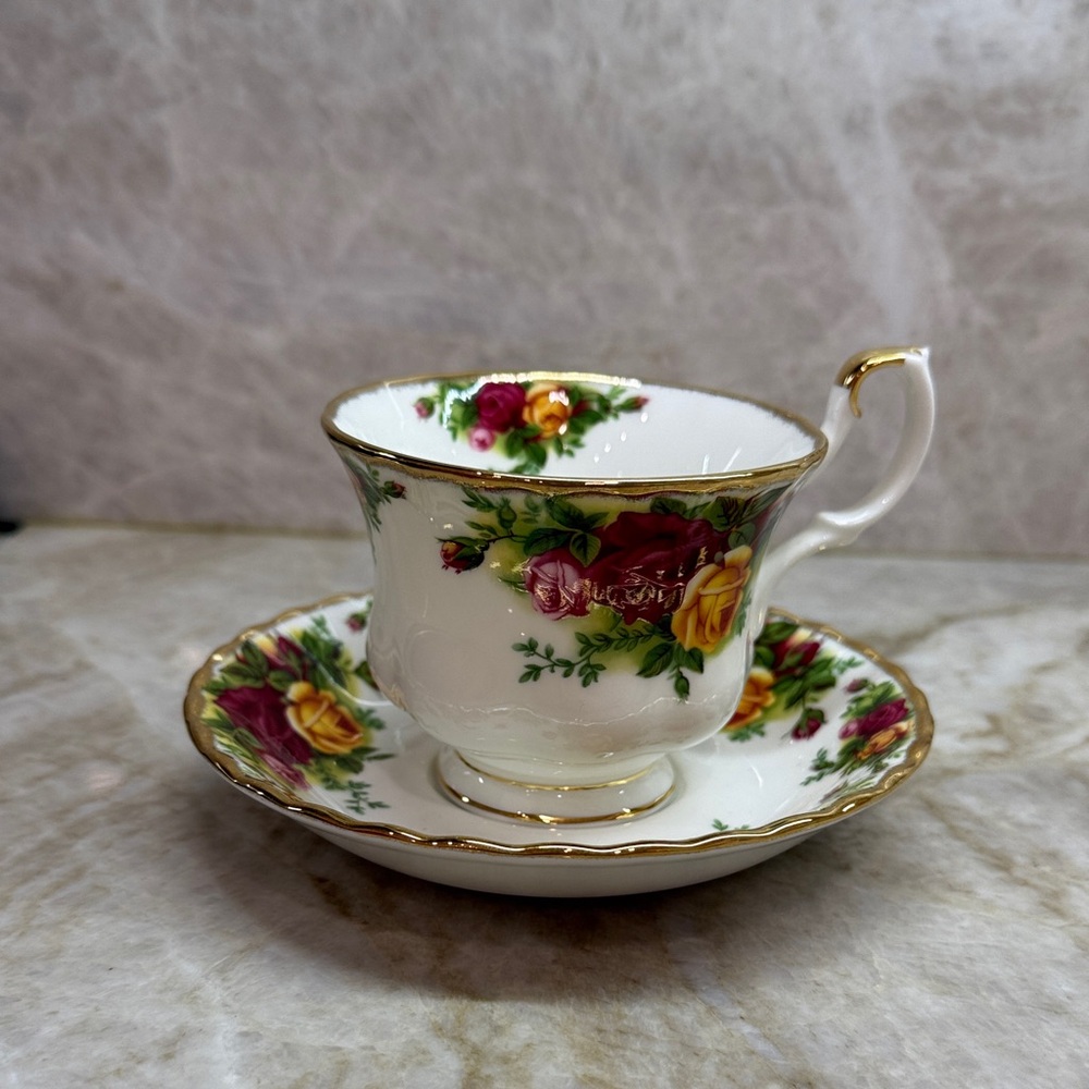 Royal Albert Floral Teacup and Saucer Set - Red, Yellow, Green, Gold